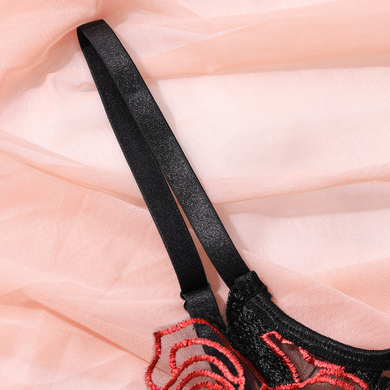 Rose embroidery mesh garter three-piece sets