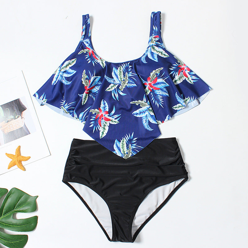 Printed high-waist ruffled split bikini sets