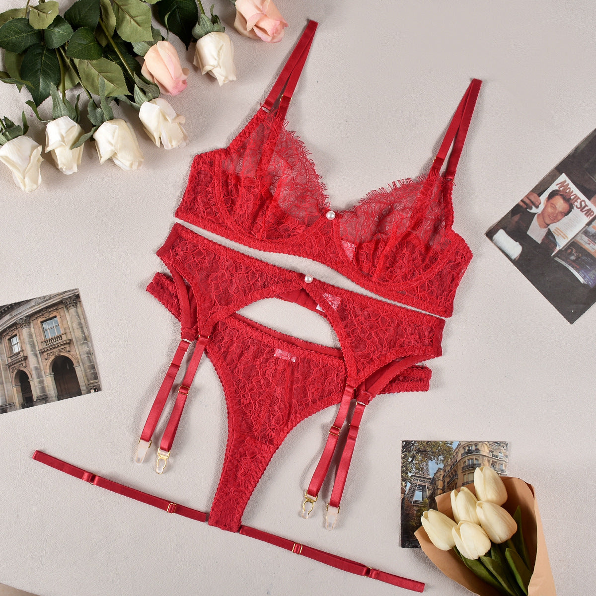 Bra see-through lace pearl lingerie four-piece sets