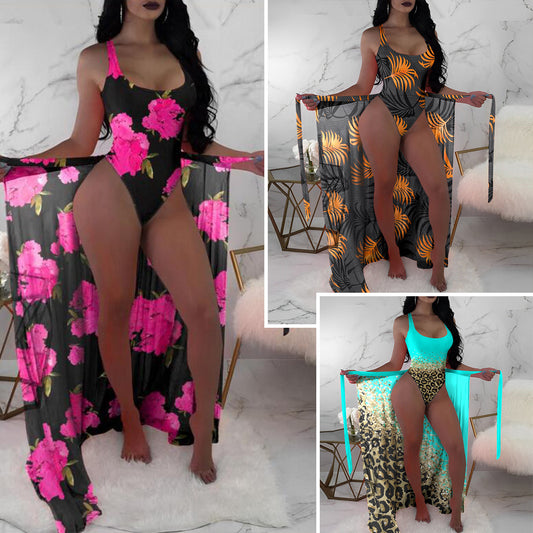 Flirty mesh outerwear color-contrast three-piece bikinis