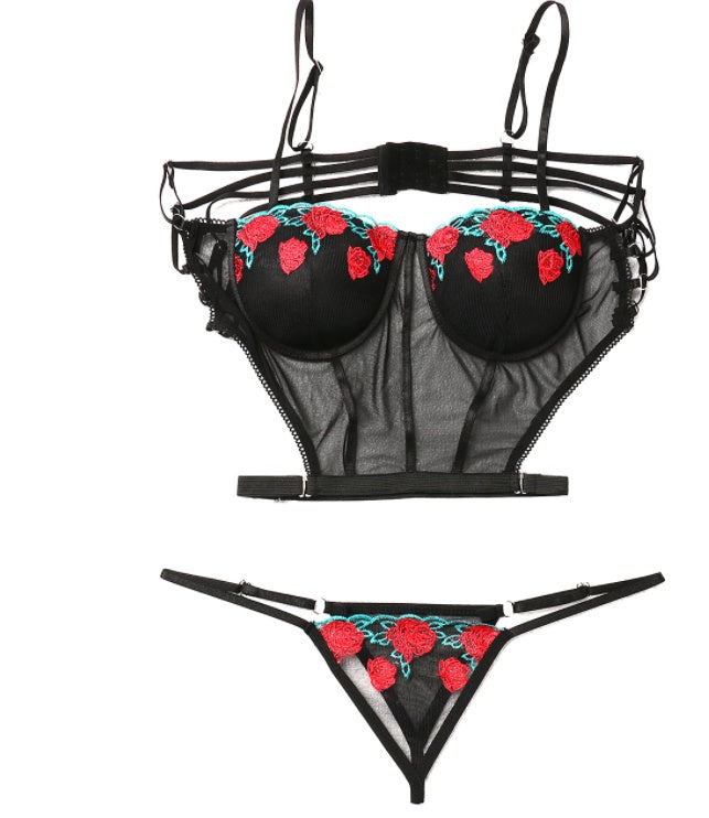 Underwire embroidered black temperament lingerie