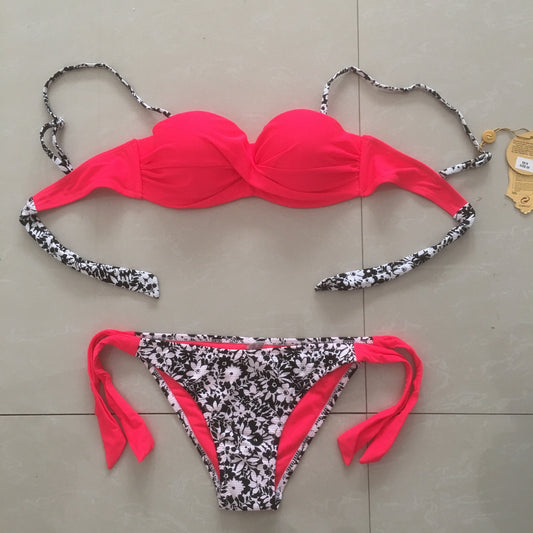 Contrast color stitched floral bikini sets