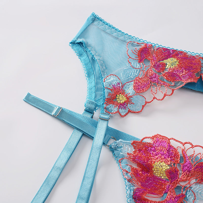 Multicolor embroidered mesh shaping lingerie sets