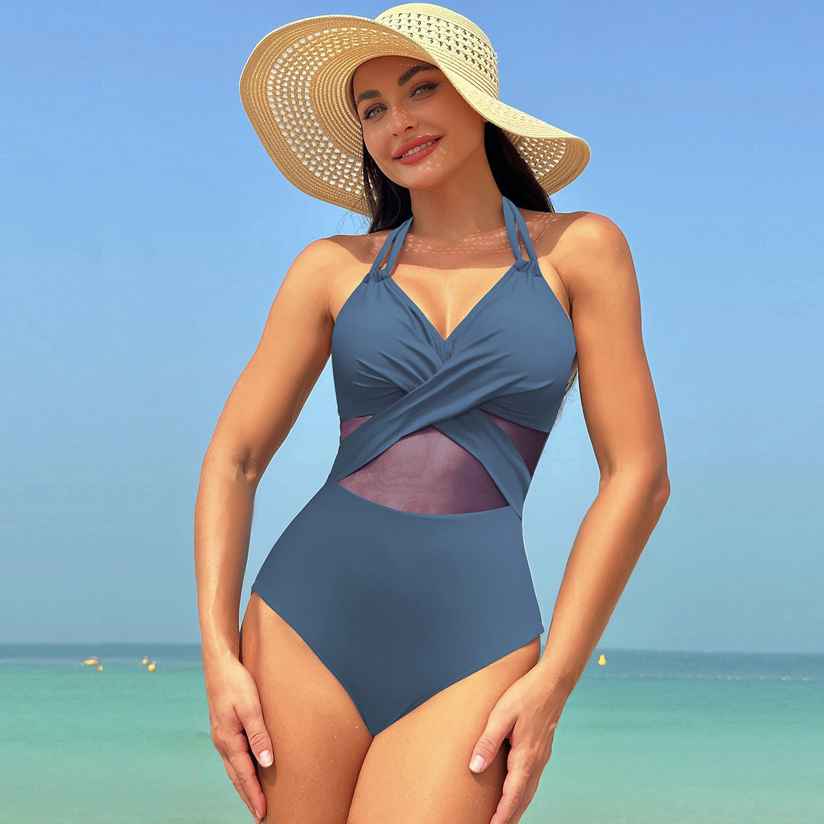 Pure color mesh one-piece bikinis