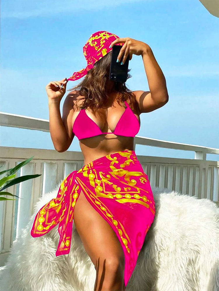 Vintage print lace-up three-piece bikini sets