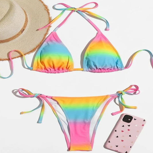 Lace-up tie-dye split bikini sets