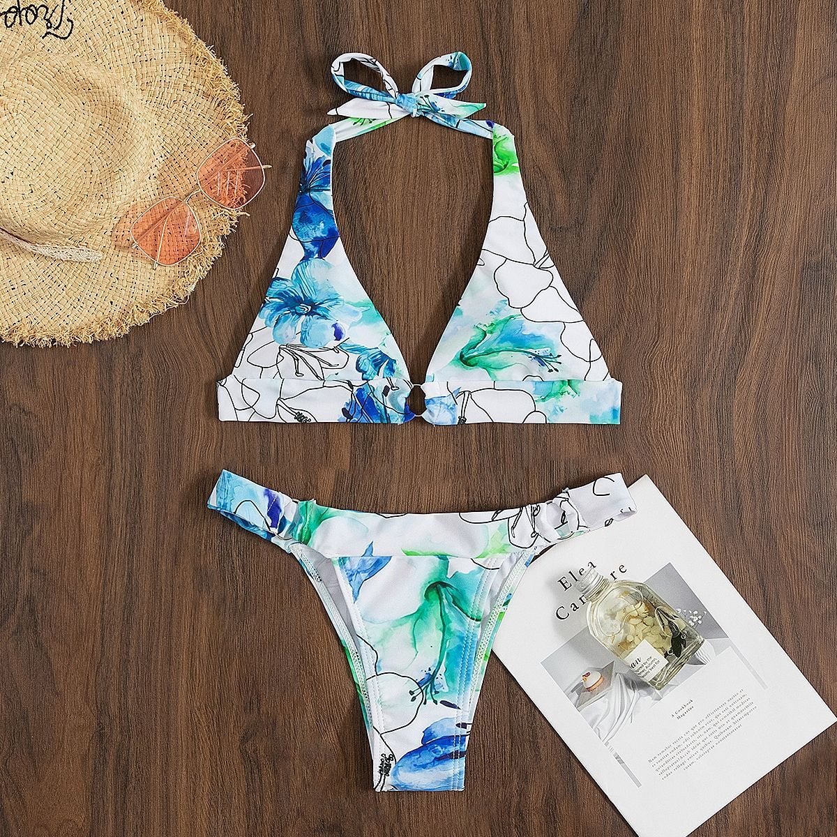 Floral print lace-up split bikini sets