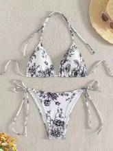 Seductive ink-painted halter lace-up bikinis