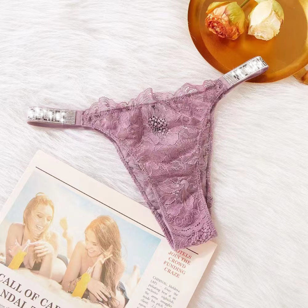 Rhinestone lace T-back underwear