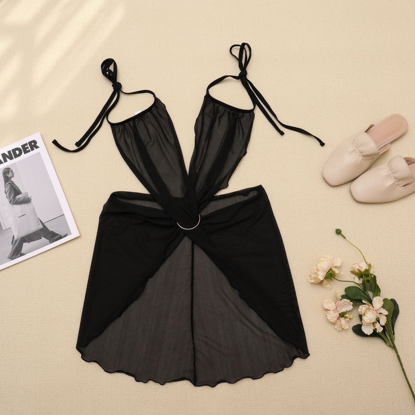 Mesh black three-piece bikini sets