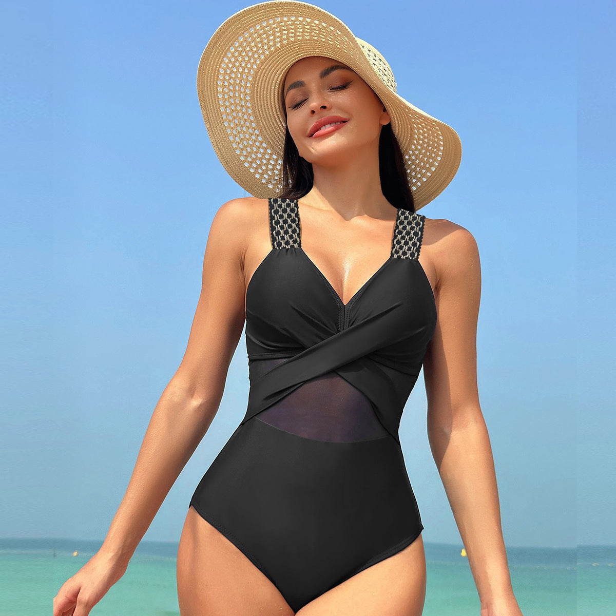Pure color mesh one-piece bikinis