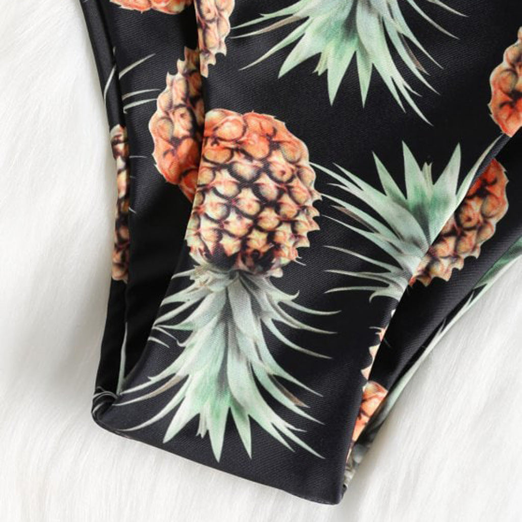 Playful pineapple print tube top split bikinis