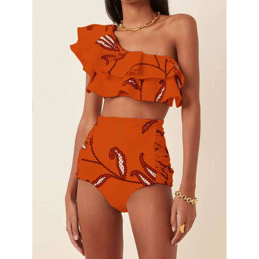 Printed oblique shoulder ruffled high waist bikini sets