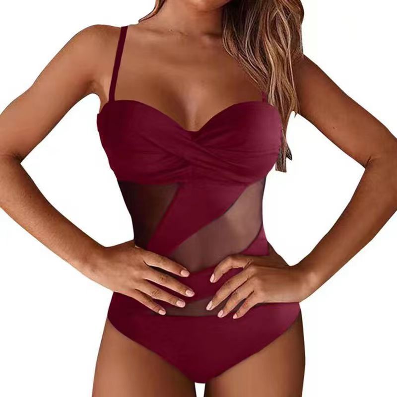 Elegant mesh-panel cutout one-piece bikinis
