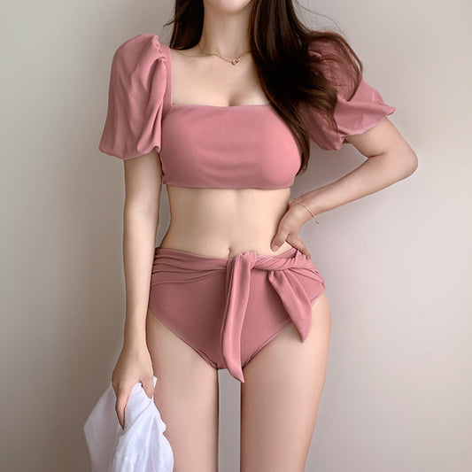 Bubble sleeve lace-up bow split bikini sets
