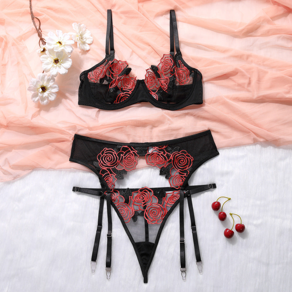 Rose embroidery mesh garter three-piece sets