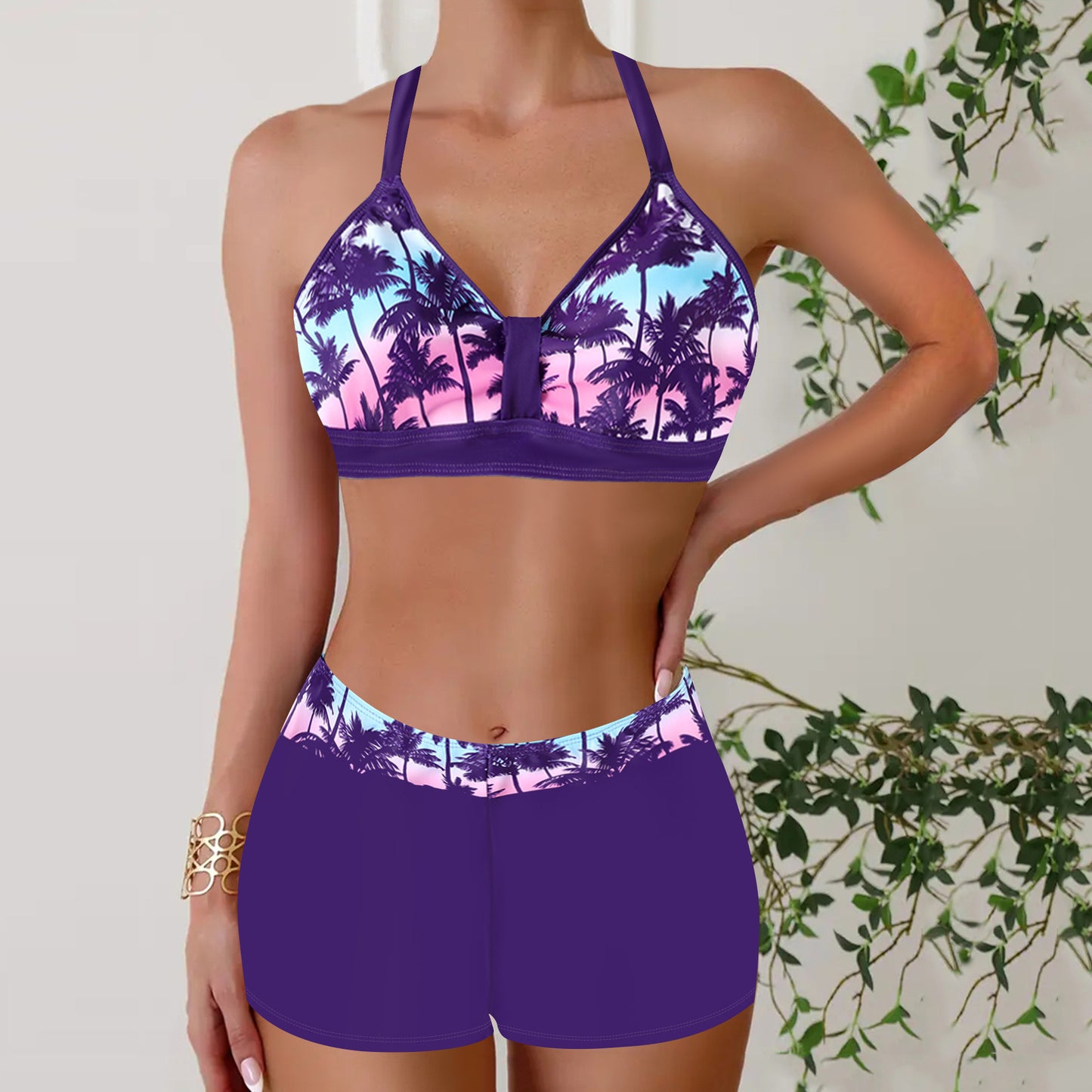 Boxer halter slimming printed bikini sets