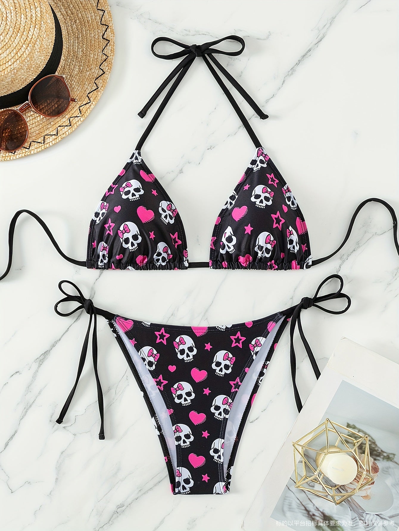 Seductive spider-print backless triangle bikinis