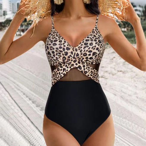 Pure color mesh one-piece bikinis