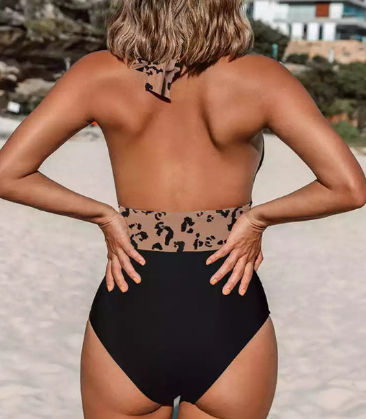 Lace-up neck deep V open-back one-piece bikinis