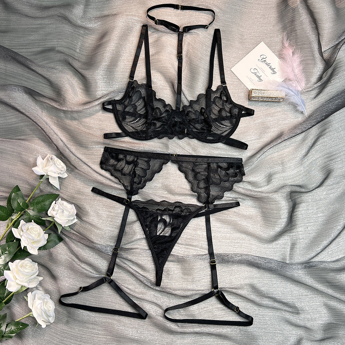 Lace halter basic three-piece lingerie sets