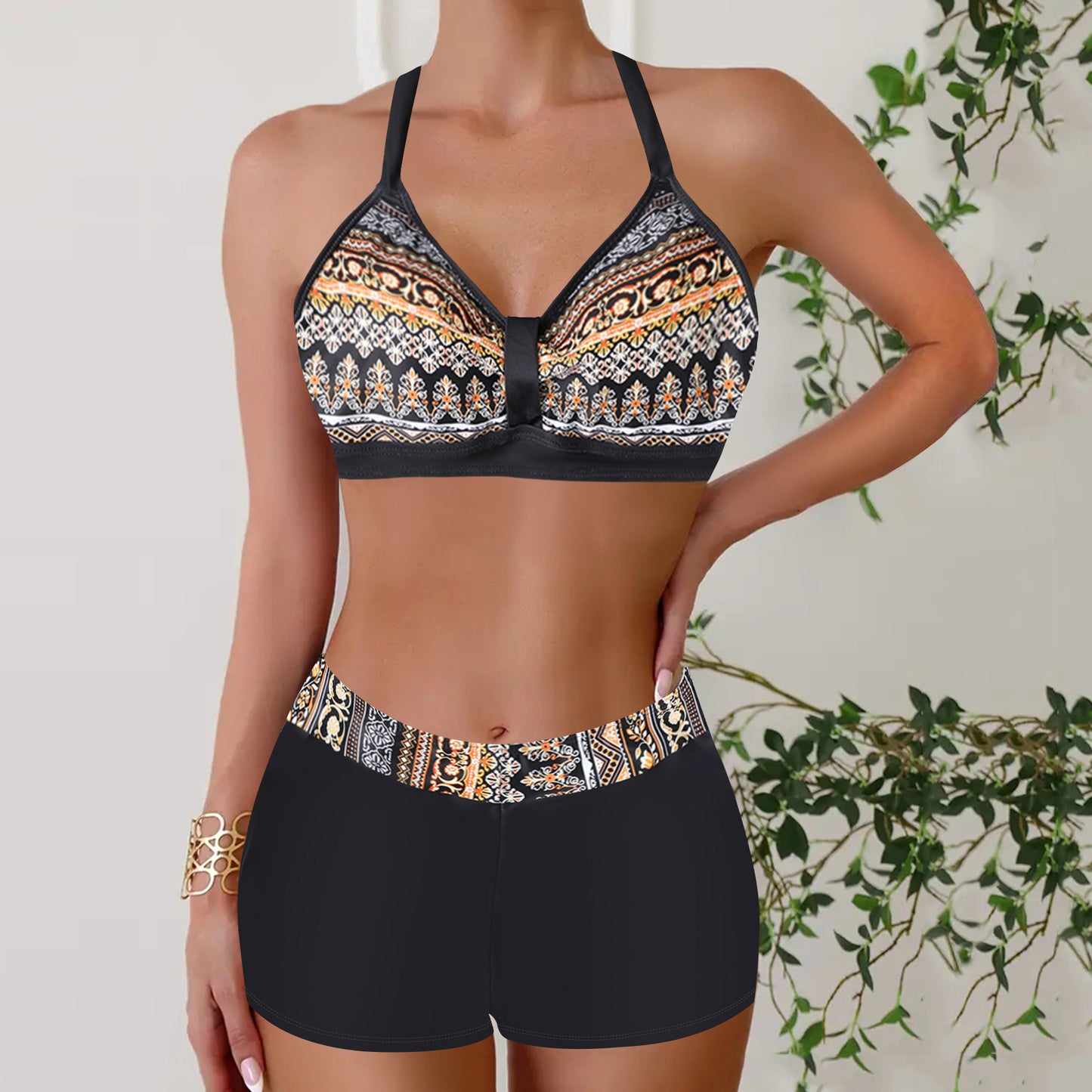 Boxer halter slimming printed bikini sets