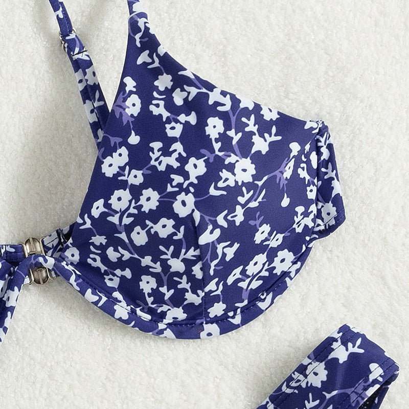 Floral gathered backless high waist triangle bikini sets