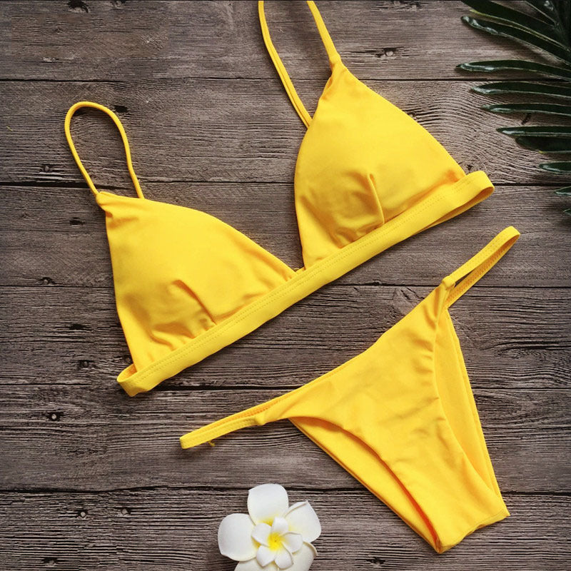 Solid color gathered V-back split bikini sets