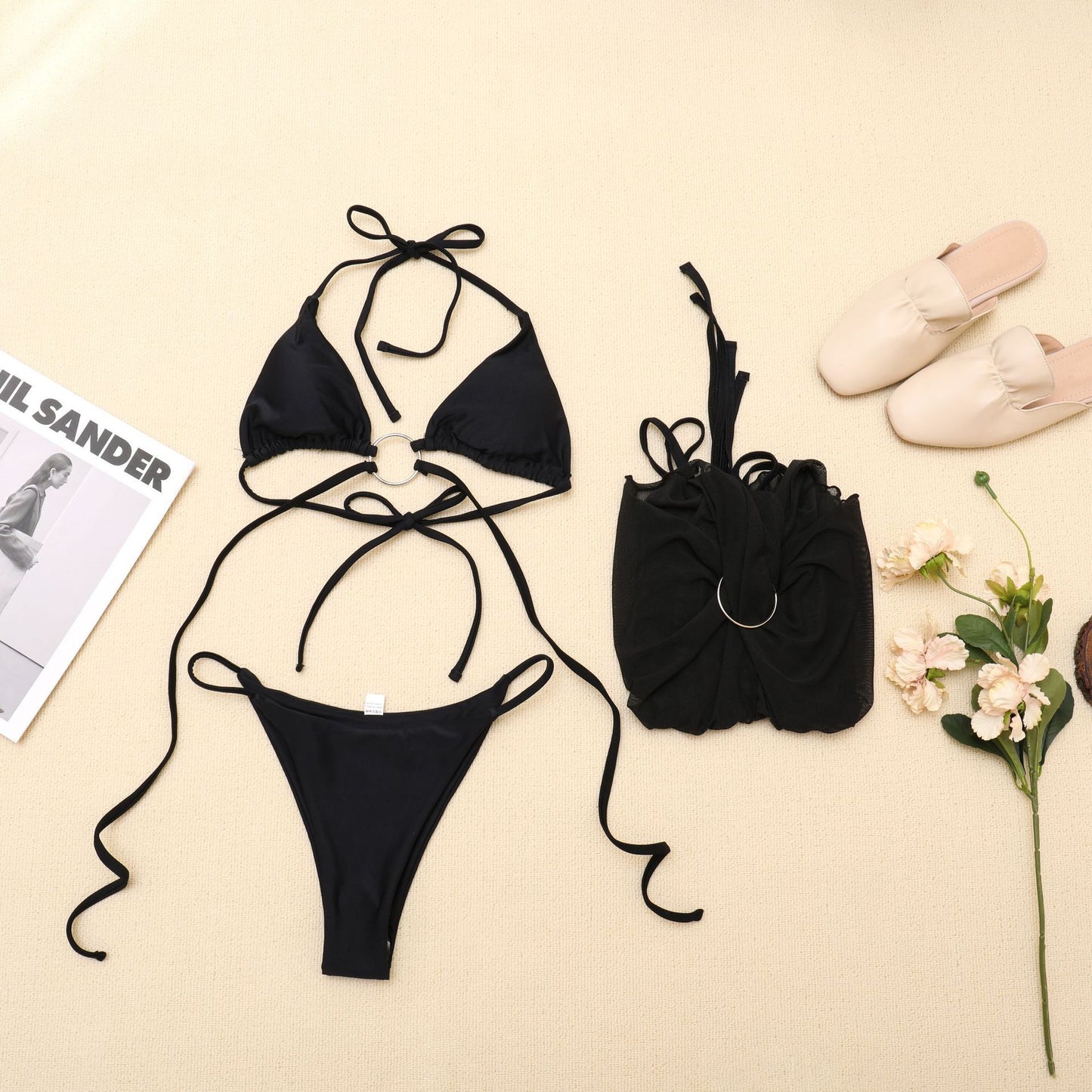 Mesh black three-piece bikini sets