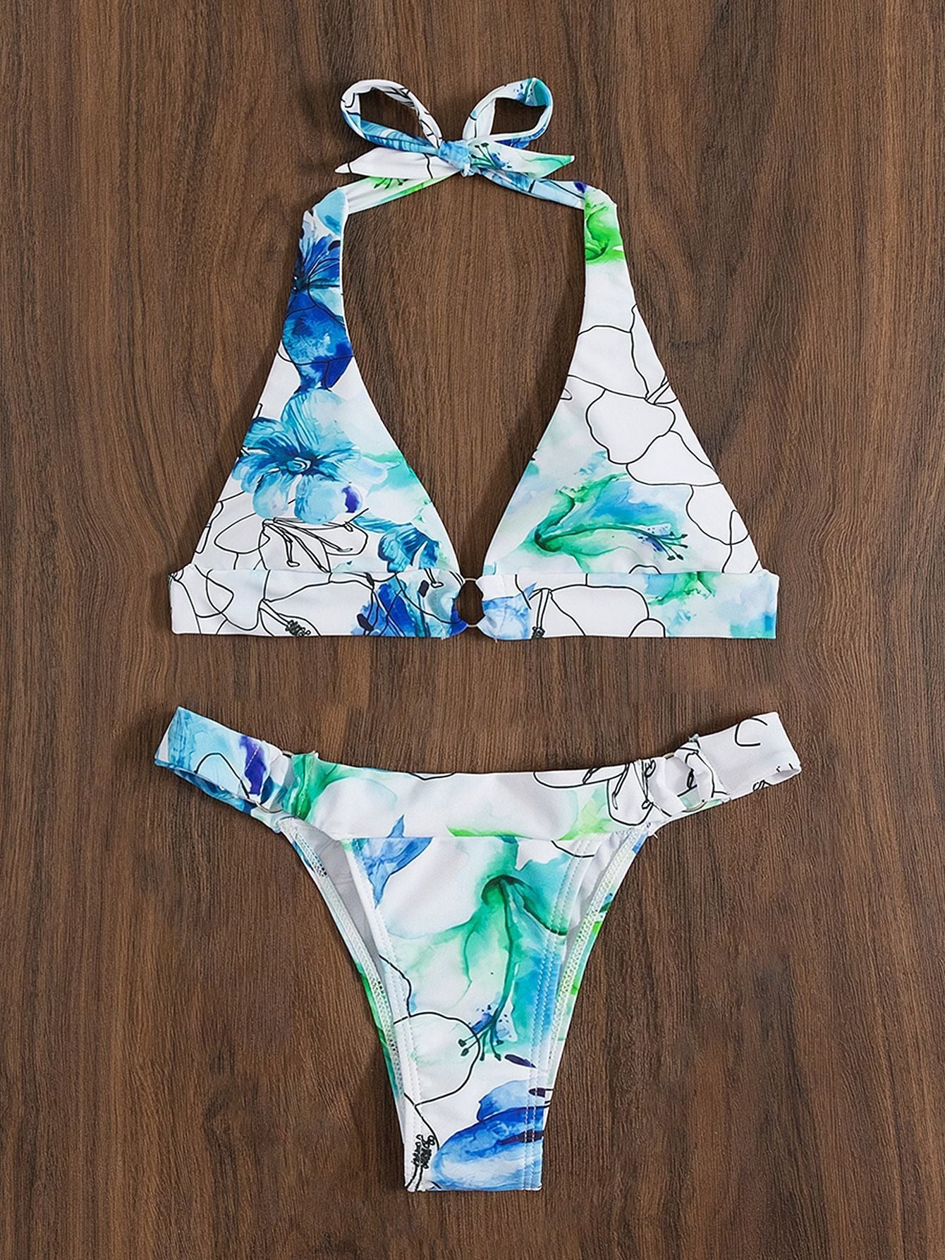 Floral print lace-up split bikini sets