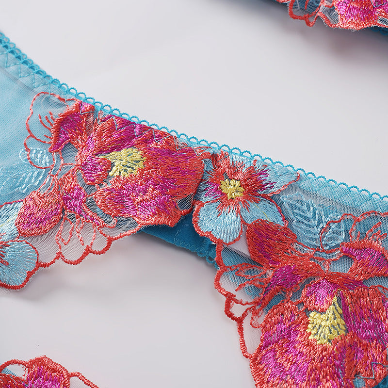 Multicolor embroidered mesh shaping lingerie sets