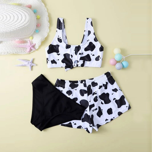 Playful cow-print split three-piece bikinis