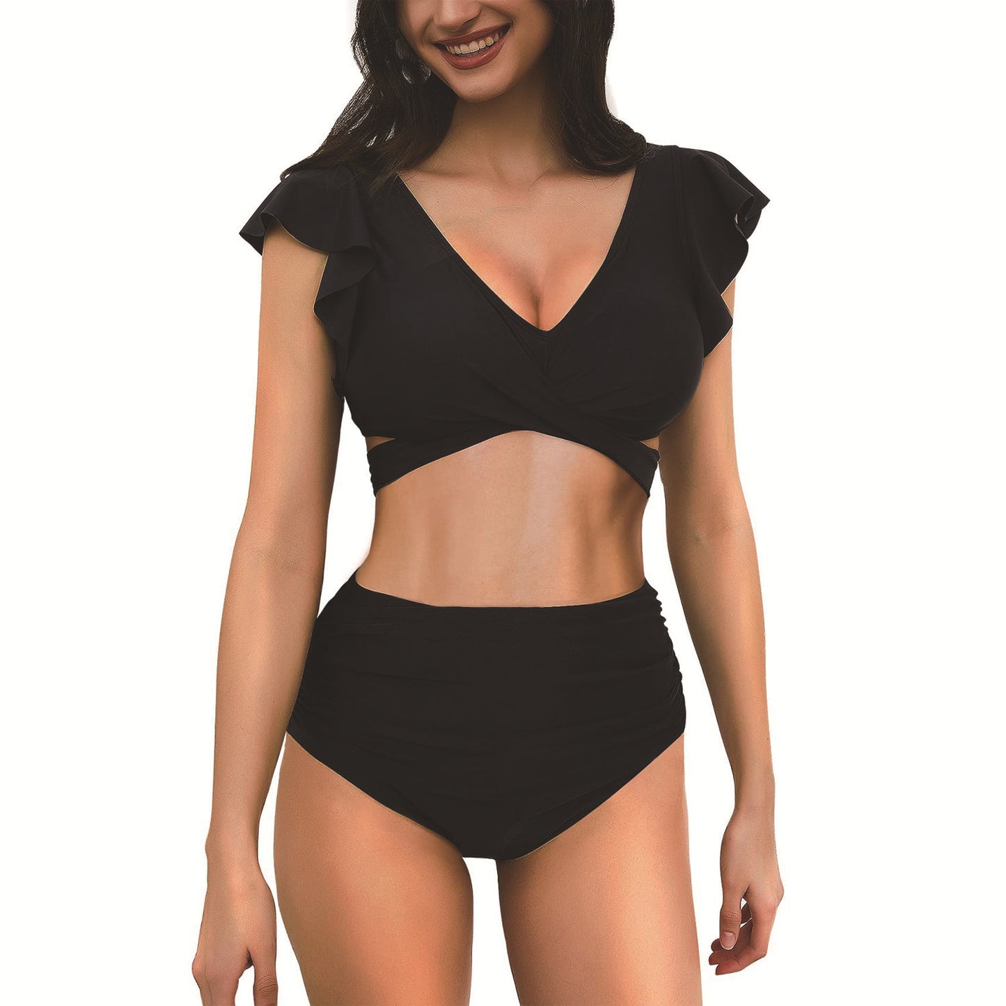 Flounced cross high waist bikini sets