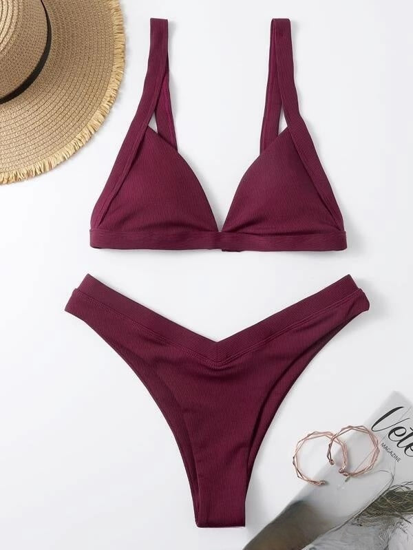Solid small sunken stripe bikini sets