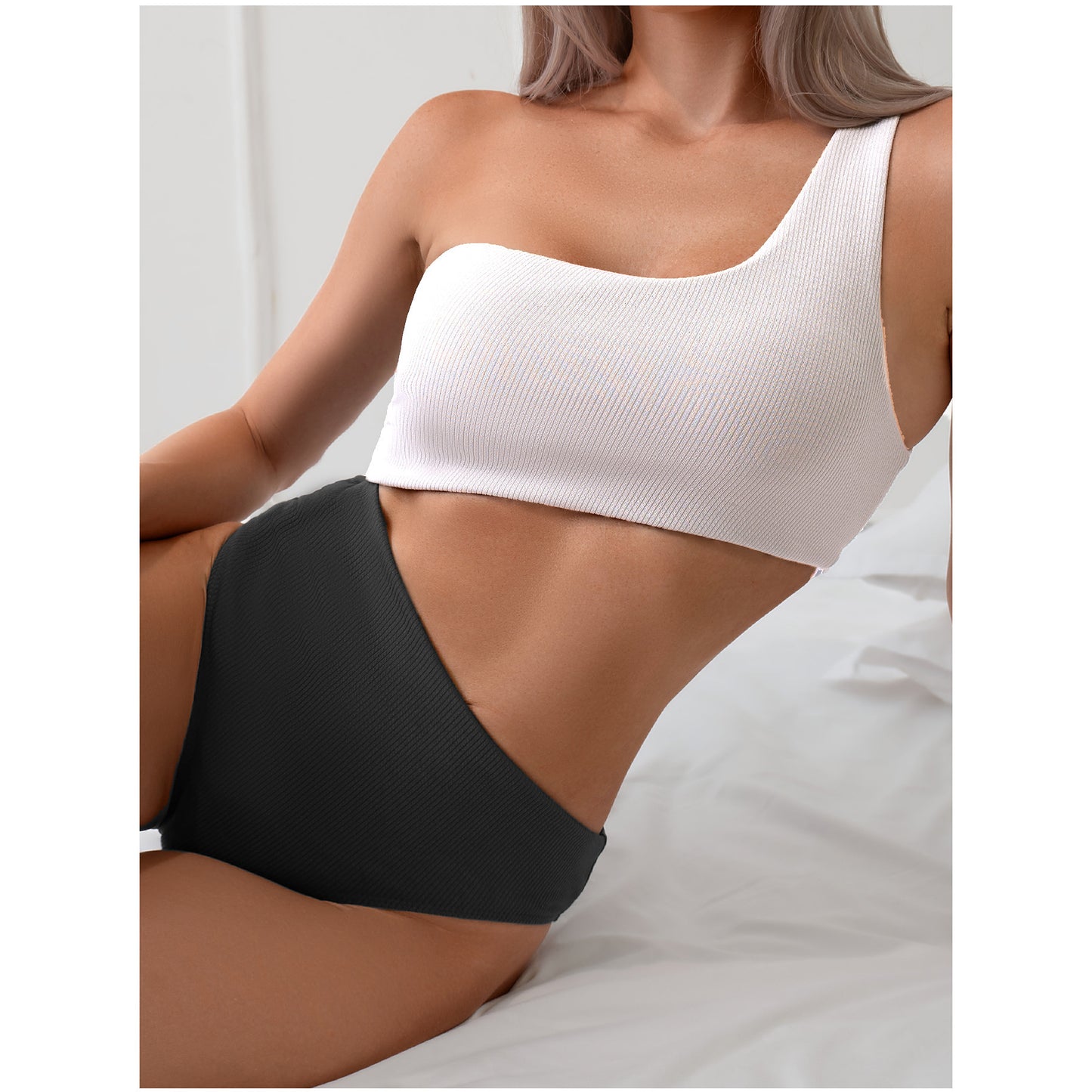 Vibrant color-matched one-shoulder bikinis