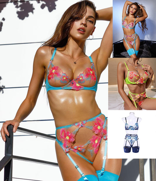 Multicolor embroidered mesh shaping lingerie sets
