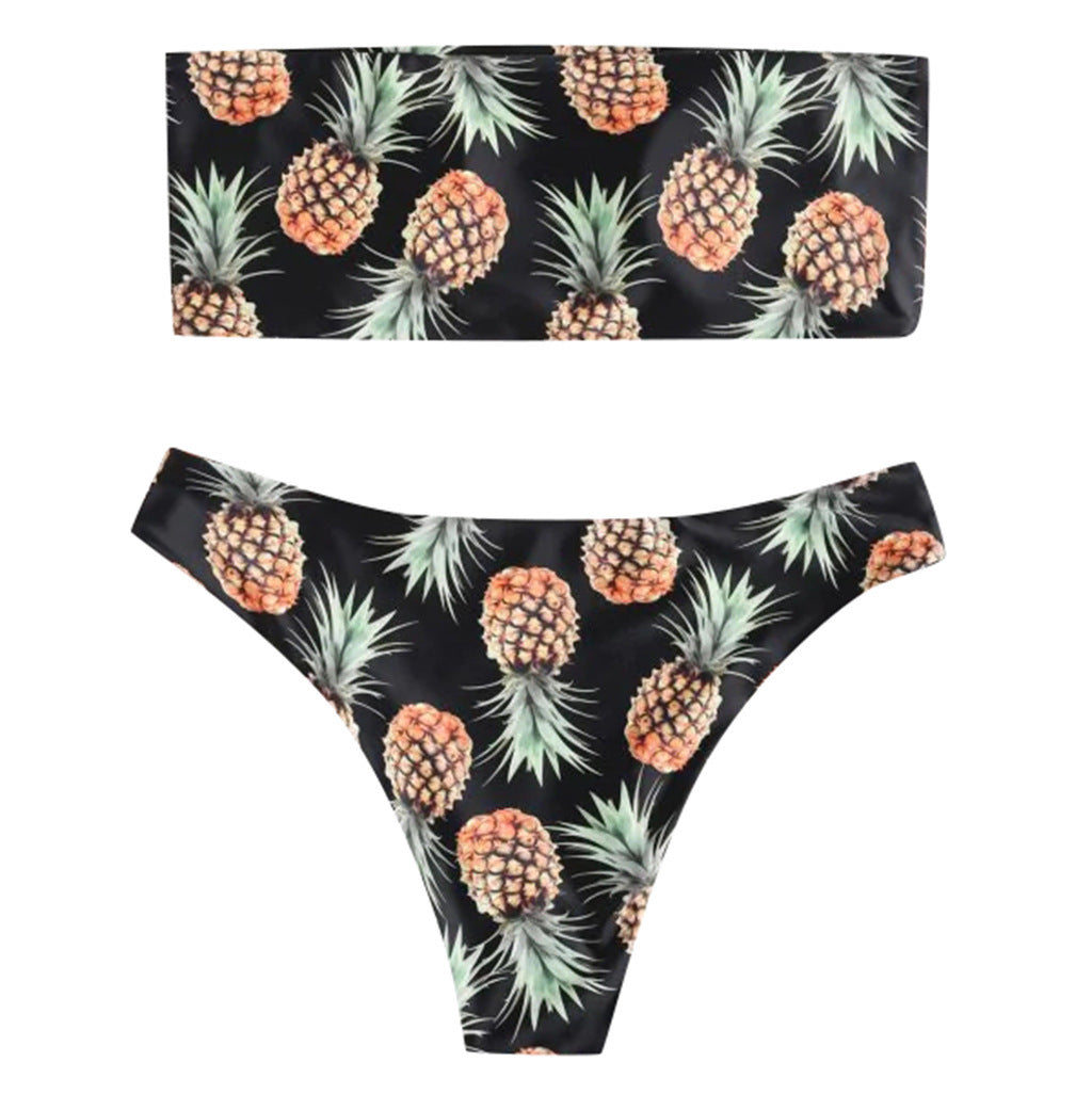 Playful pineapple print tube top split bikinis