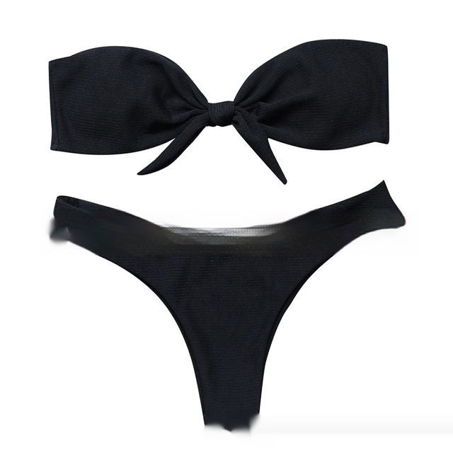 Solid color striped pit fabric bow bikini sets