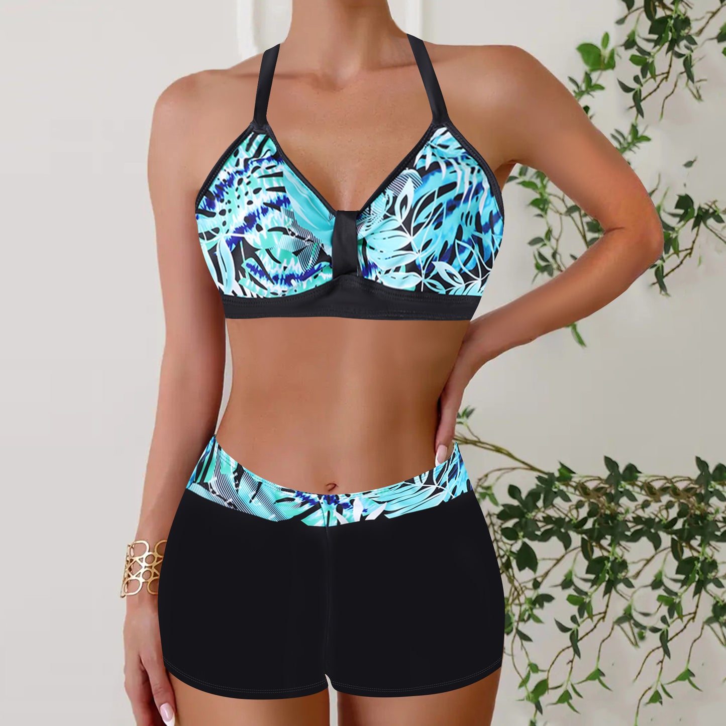 Boxer halter slimming printed bikini sets