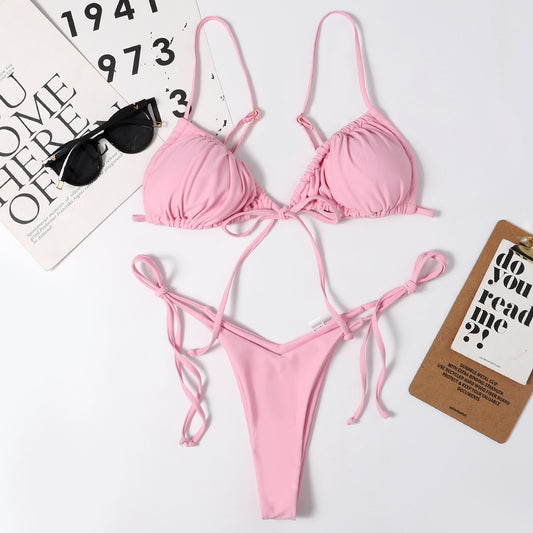 Solid color split drawstring thong bikinis