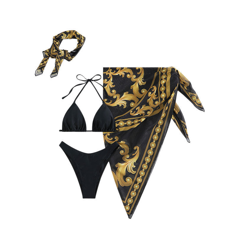 Vintage print lace-up three-piece bikini sets