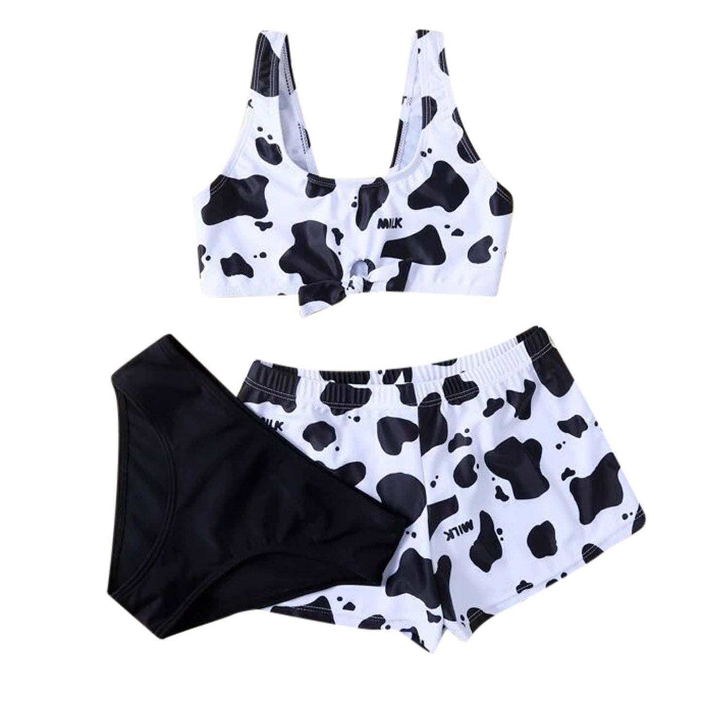 Playful cow-print split three-piece bikinis