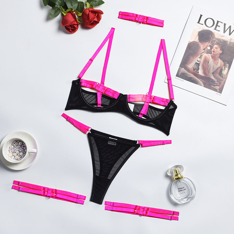 Two-color stitched strap four-piece lingerie sets