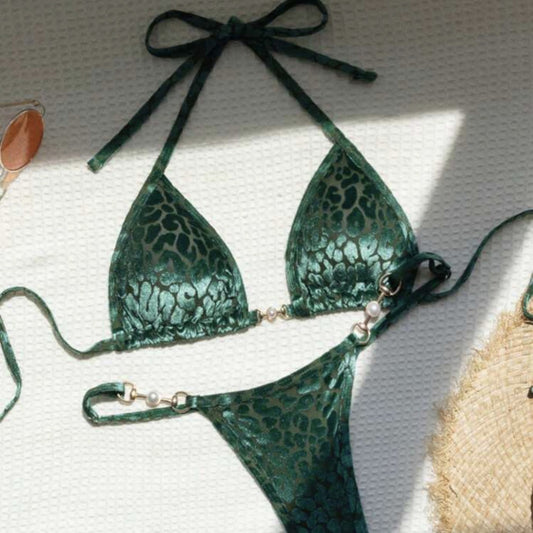 T-shaped pearl leopard bikini sets