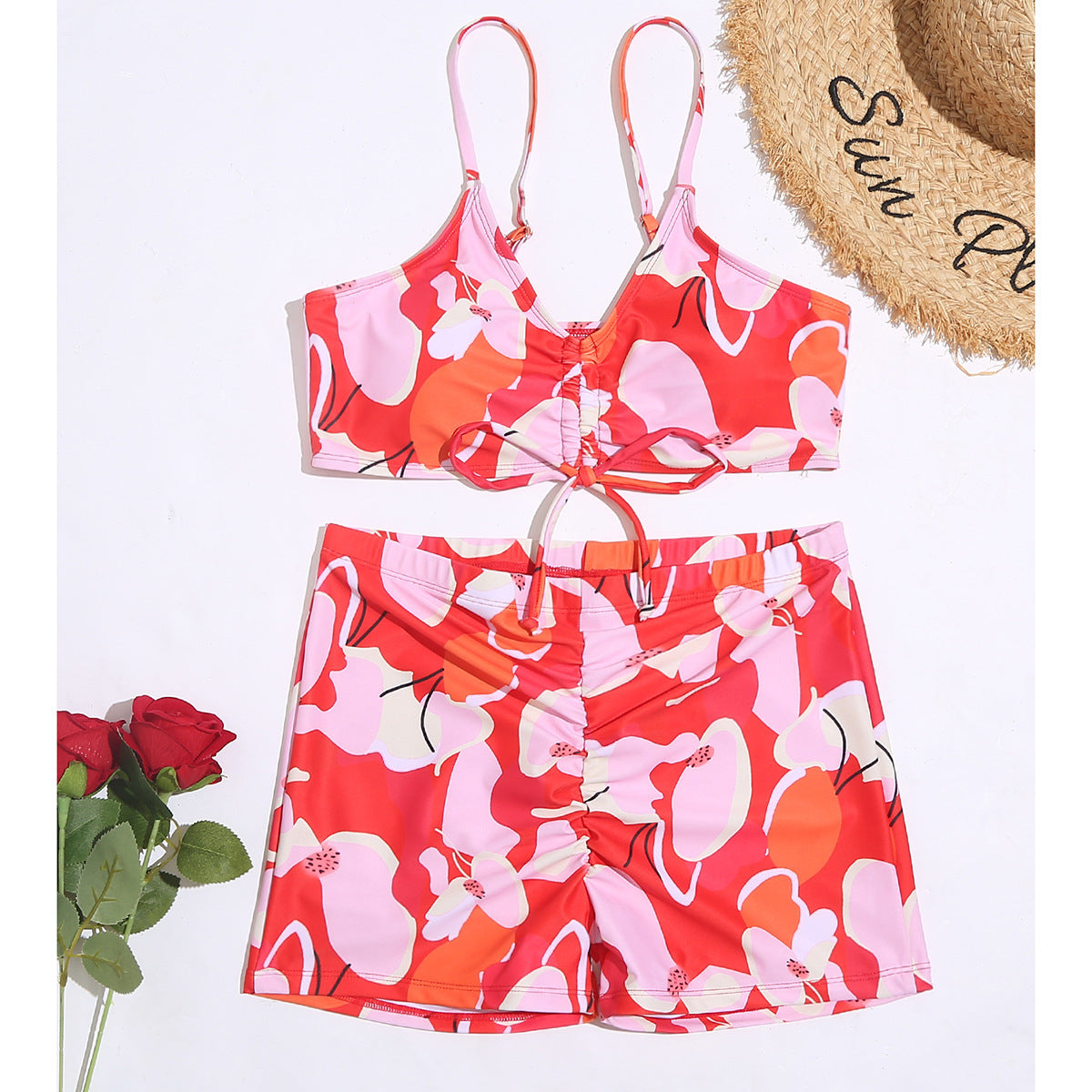 Printed drawstring shorts high waist bikini sets