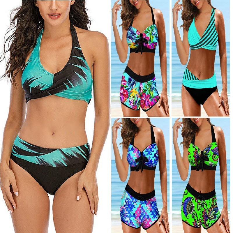 Color printed triangle split bikini sets