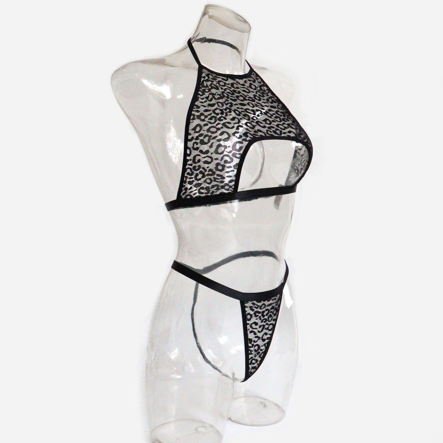 Leopard-print sexy lingerie with lace and mesh