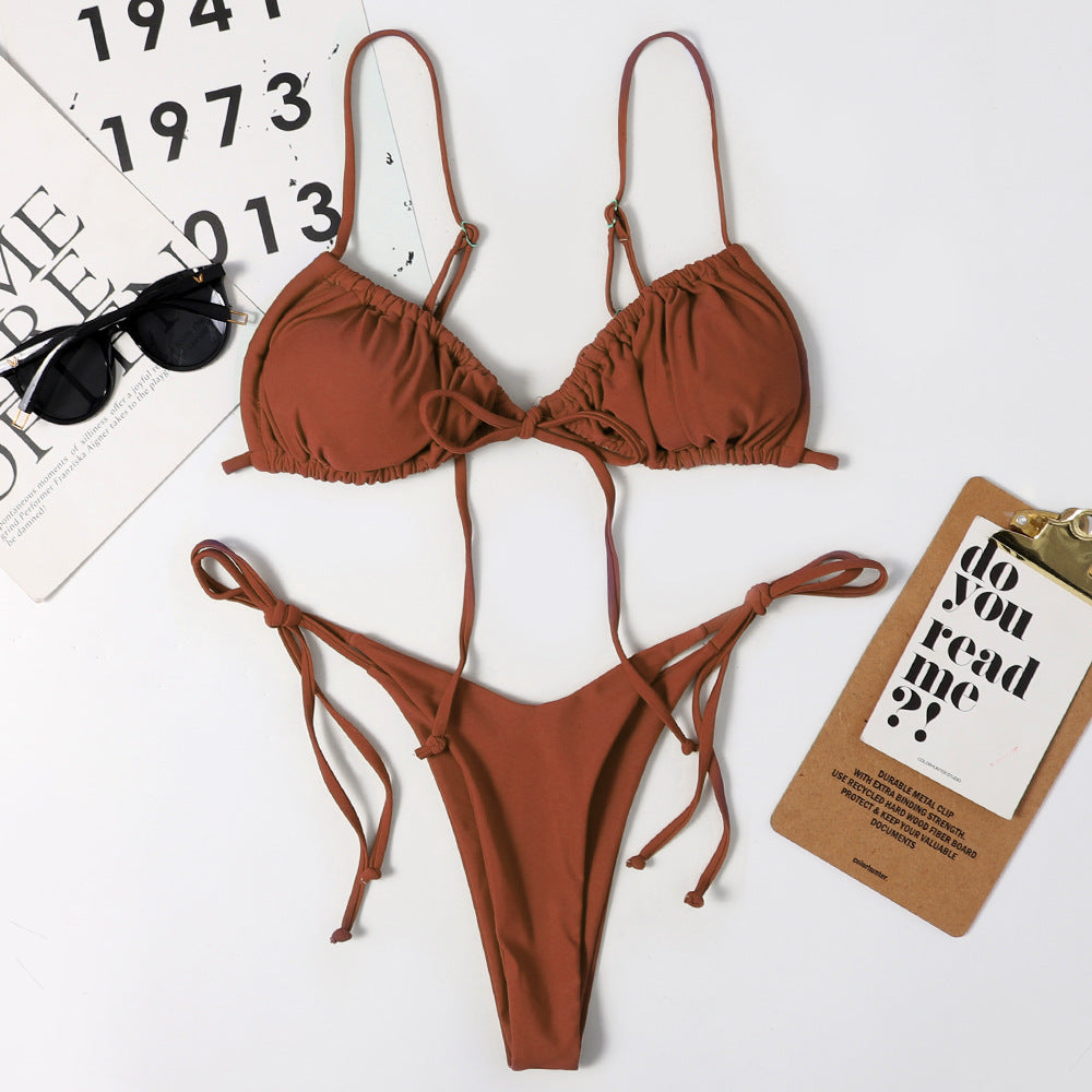 Solid color split drawstring thong bikinis