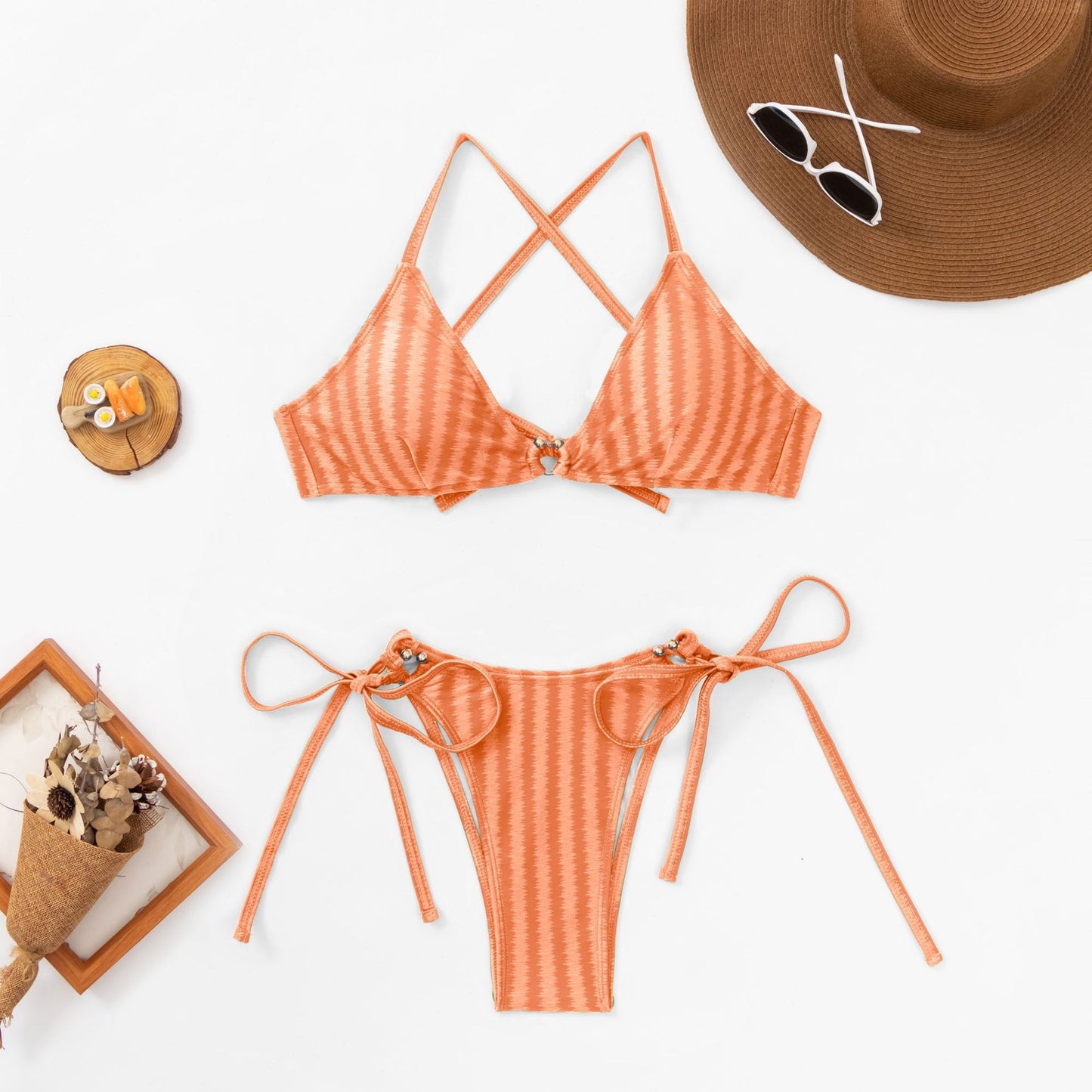 Delicate jacquard lace-up split two-piece bikinis