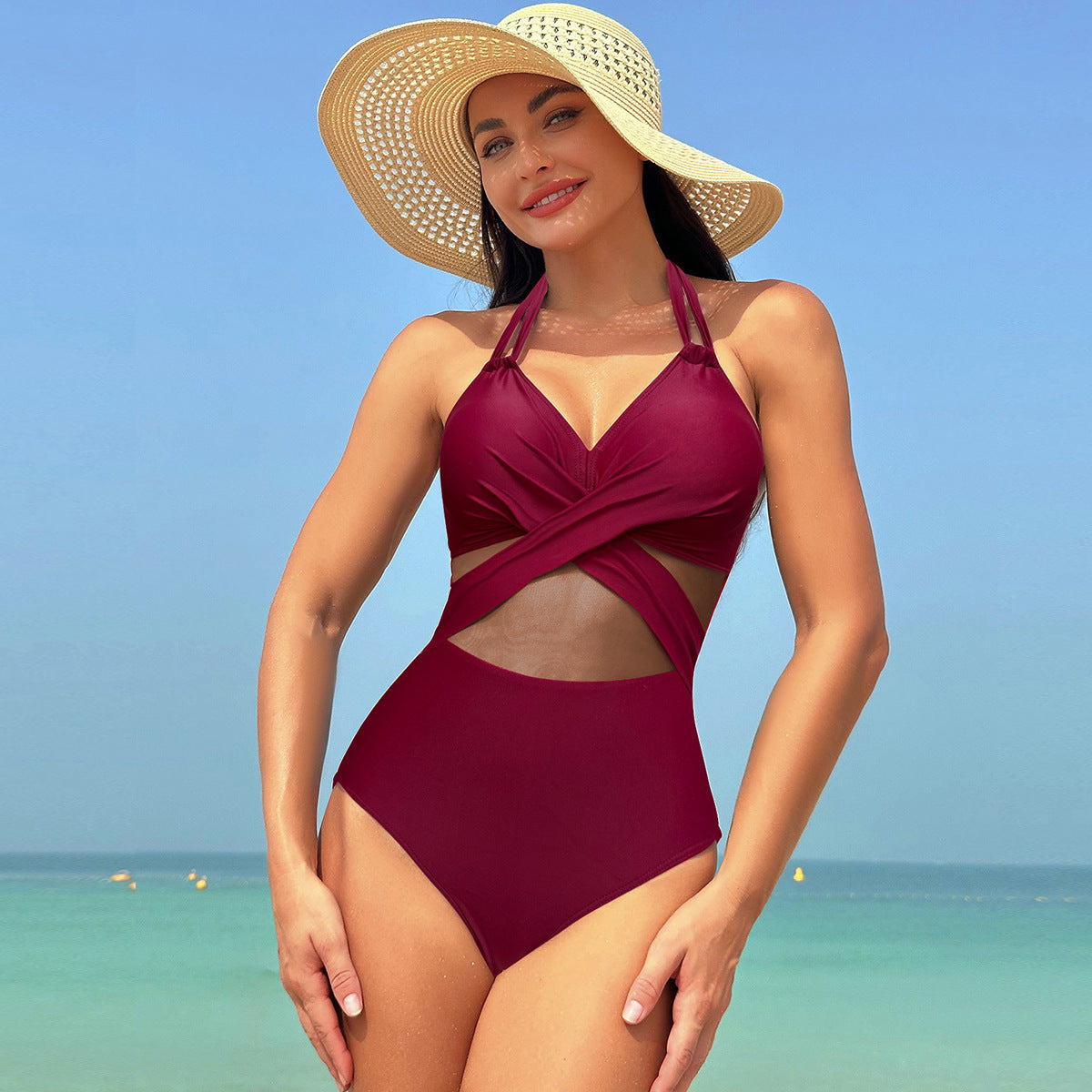 Pure color mesh one-piece bikinis